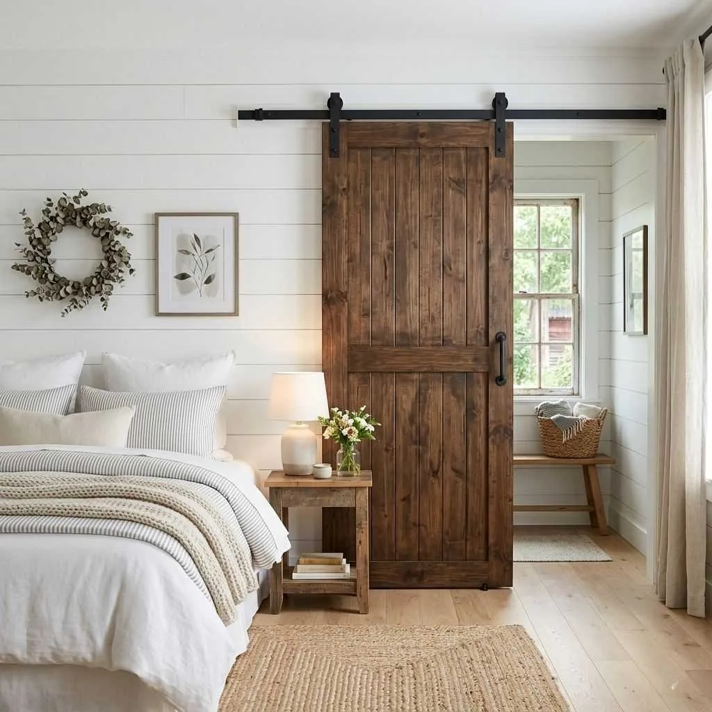 16 Farmhouse Bedroom Design Ideas to Transform Your Space 9 Sliding Barn Door as a Statement Feature
