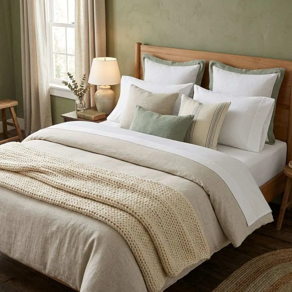 16 Farmhouse Bedroom Design Ideas to Transform Your Space 7 Cozy Layered Bedding with Linen and Cotton