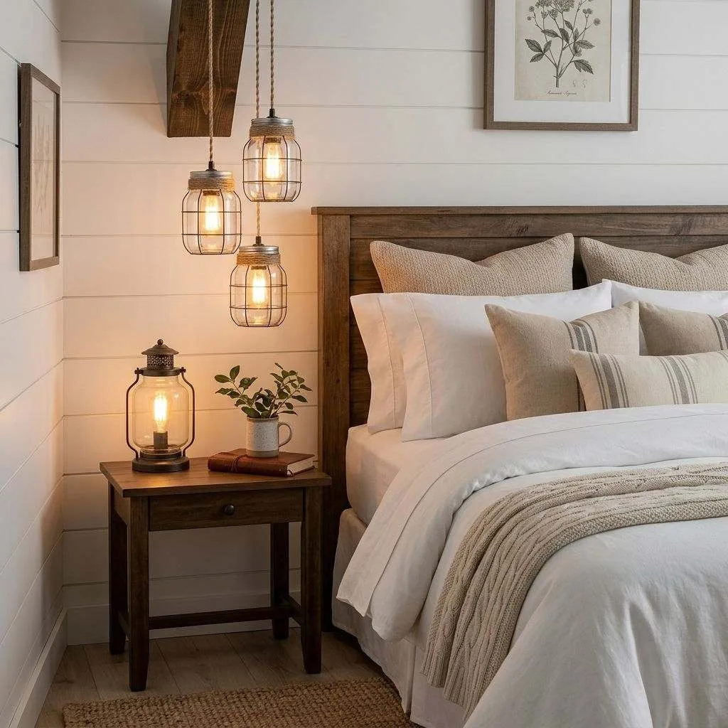 16 Farmhouse Bedroom Design Ideas to Transform Your Space 8 Mason Jar and Lantern Lighting Fixtures