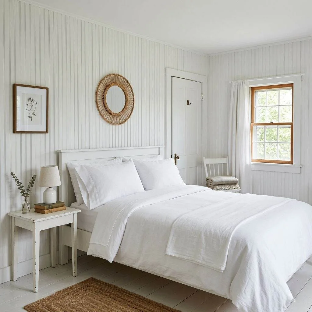 16 Farmhouse Bedroom Design Ideas to Transform Your Space 14 White Paneled or Beadboard Walls