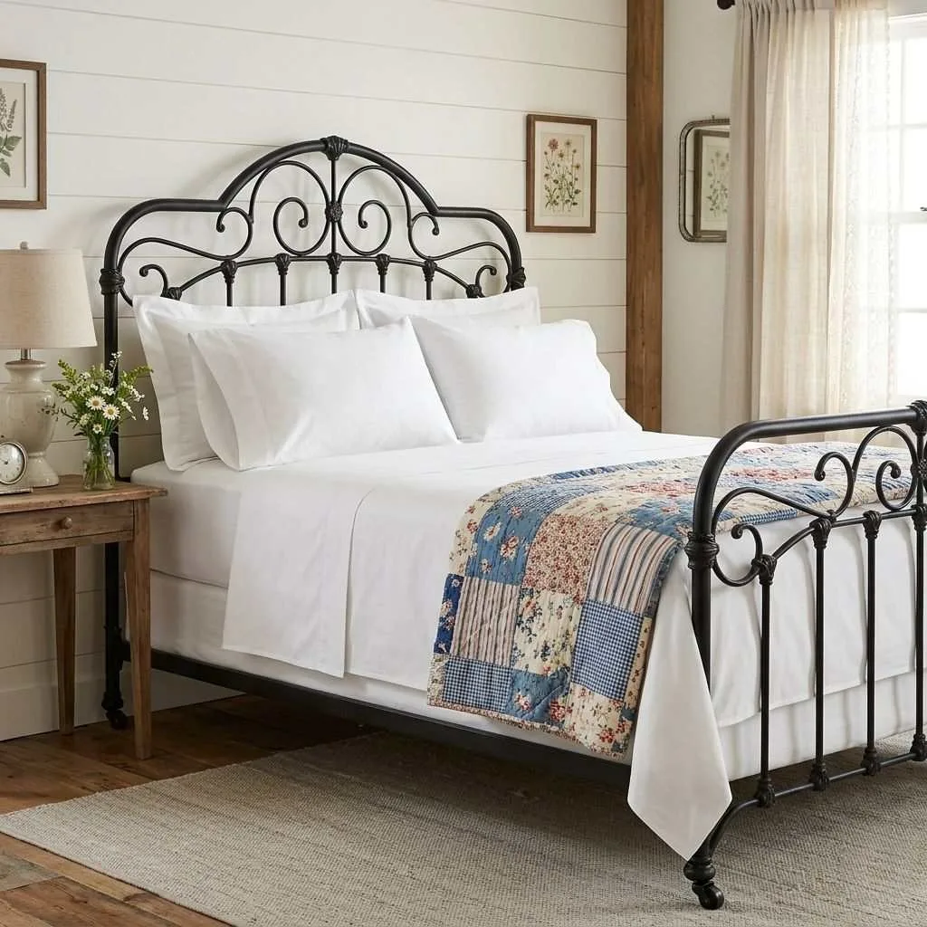 16 Farmhouse Bedroom Design Ideas to Transform Your Space 6 Vintage Wrought Iron Bed Frame