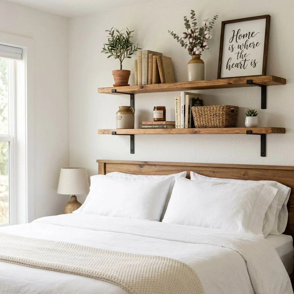 16 Farmhouse Bedroom Design Ideas to Transform Your Space 12 Open Wooden Shelving for Functional Charm