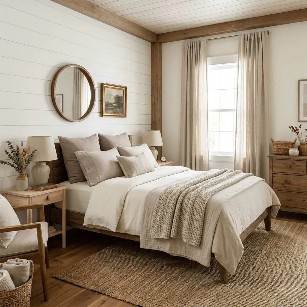 16 Farmhouse Bedroom Design Ideas to Transform Your Space 4 Neutral Color Palette with Warm Earthy Tones