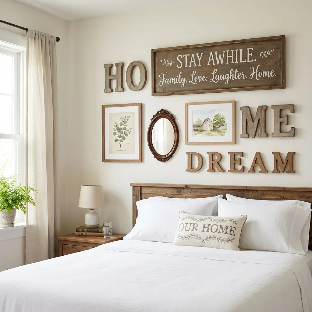 16 Farmhouse Bedroom Design Ideas to Transform Your Space 17 Vintage Signs, Wooden Letters, and DIY Wall Art