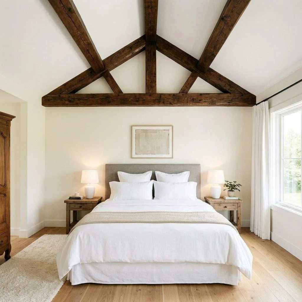 16 Farmhouse Bedroom Design Ideas to Transform Your Space 5 Exposed Wooden Ceiling Beams for Dramatic Flair