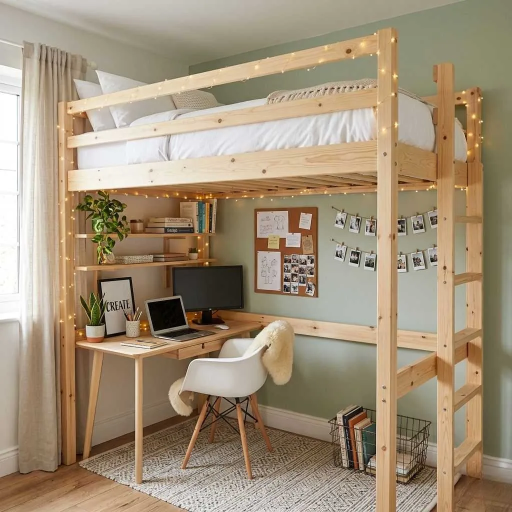 15 Aesthetic Small Bedroom Ideas for Teens 2 Loft Bed with Study Nook Below