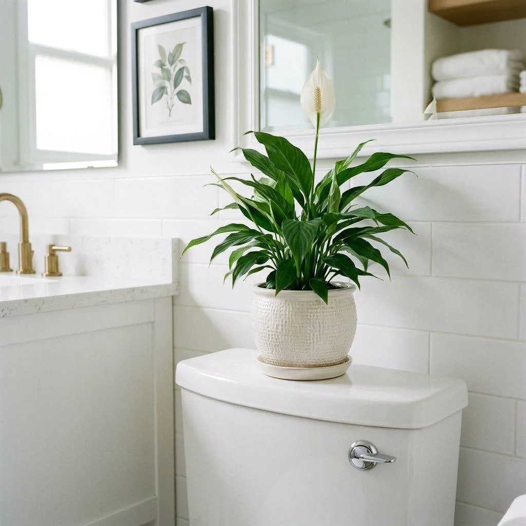 15 Bathroom Plant Decor Ideas That'll Transform Your Daily Routine 11 Set a Peace Lily on the Back of Your Toilet