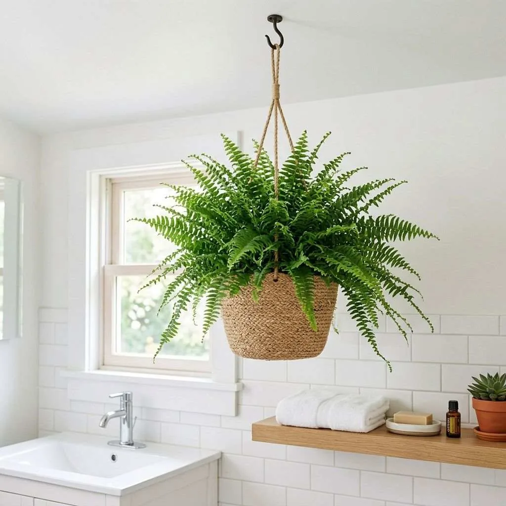 15 Bathroom Plant Decor Ideas That'll Transform Your Daily Routine 12 Hang a Fern Basket from the Ceiling