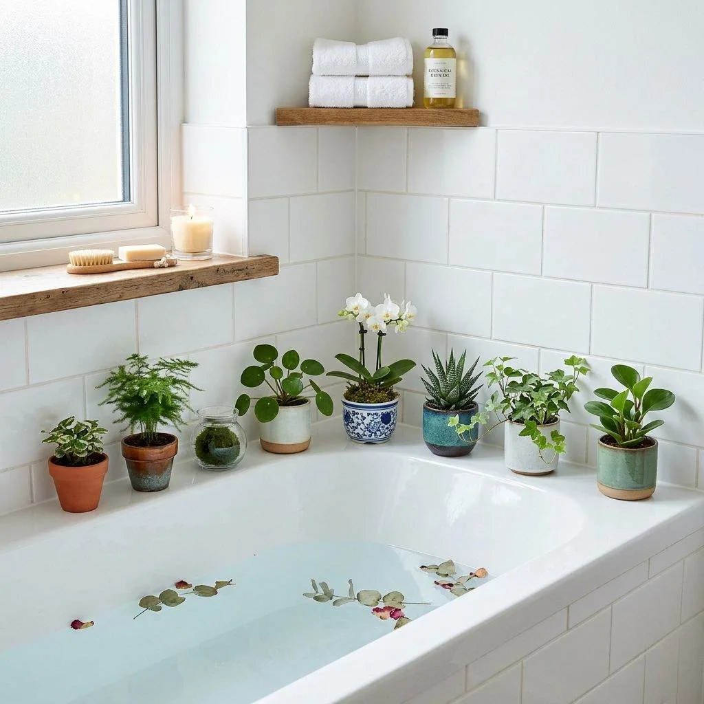 15 Bathroom Plant Decor Ideas That'll Transform Your Daily Routine 13 Line Your Bathtub Edge with Small Potted Plants