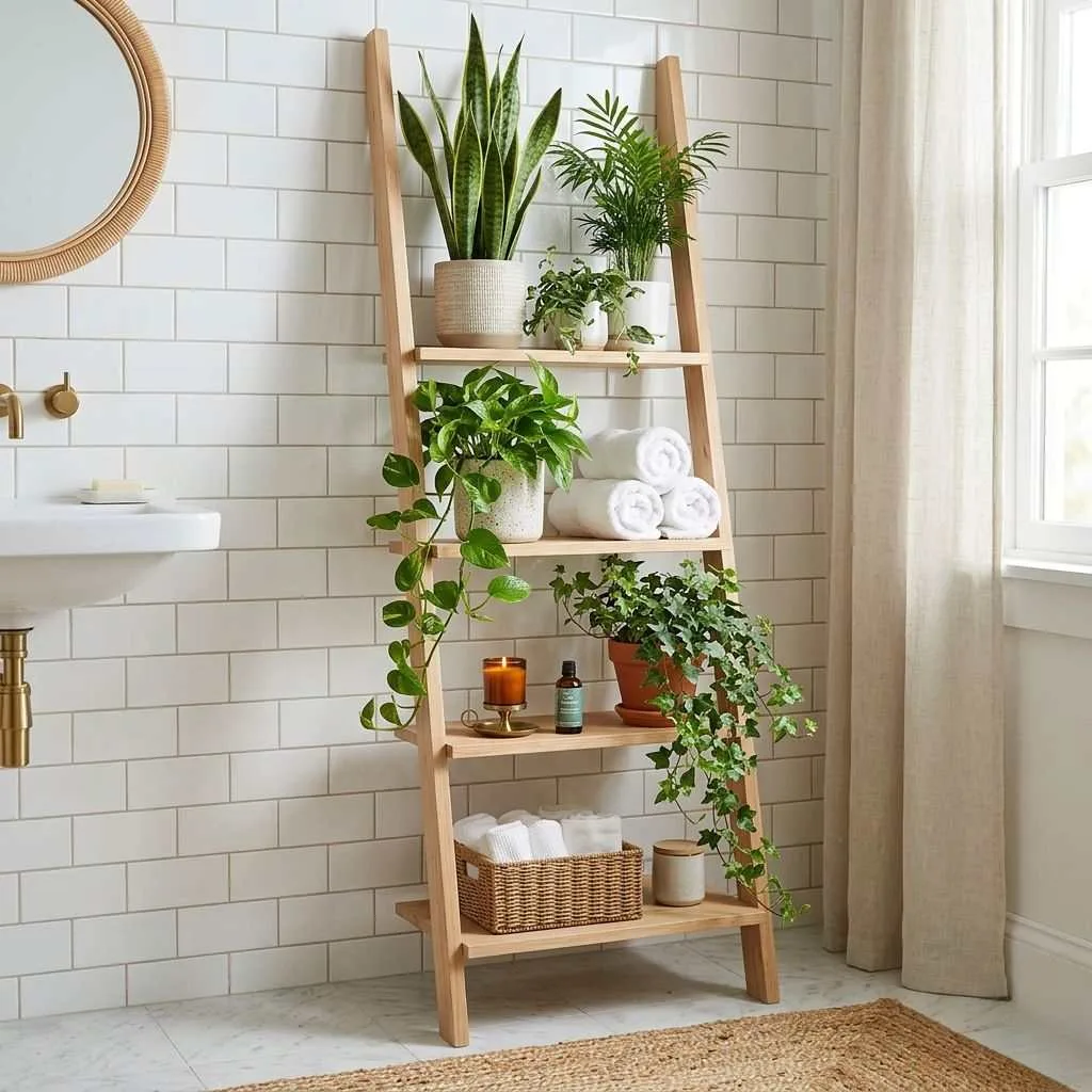 15 Bathroom Plant Decor Ideas That'll Transform Your Daily Routine 14 Use a Ladder Shelf to Display Layered Plants