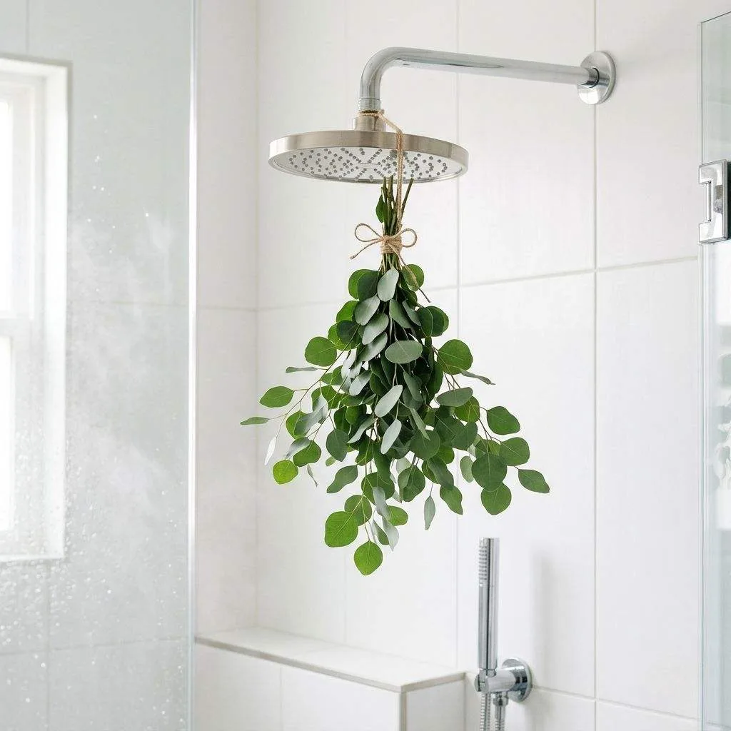 15 Bathroom Plant Decor Ideas That'll Transform Your Daily Routine 2 Hang a Eucalyptus Bundle from Your Shower Head