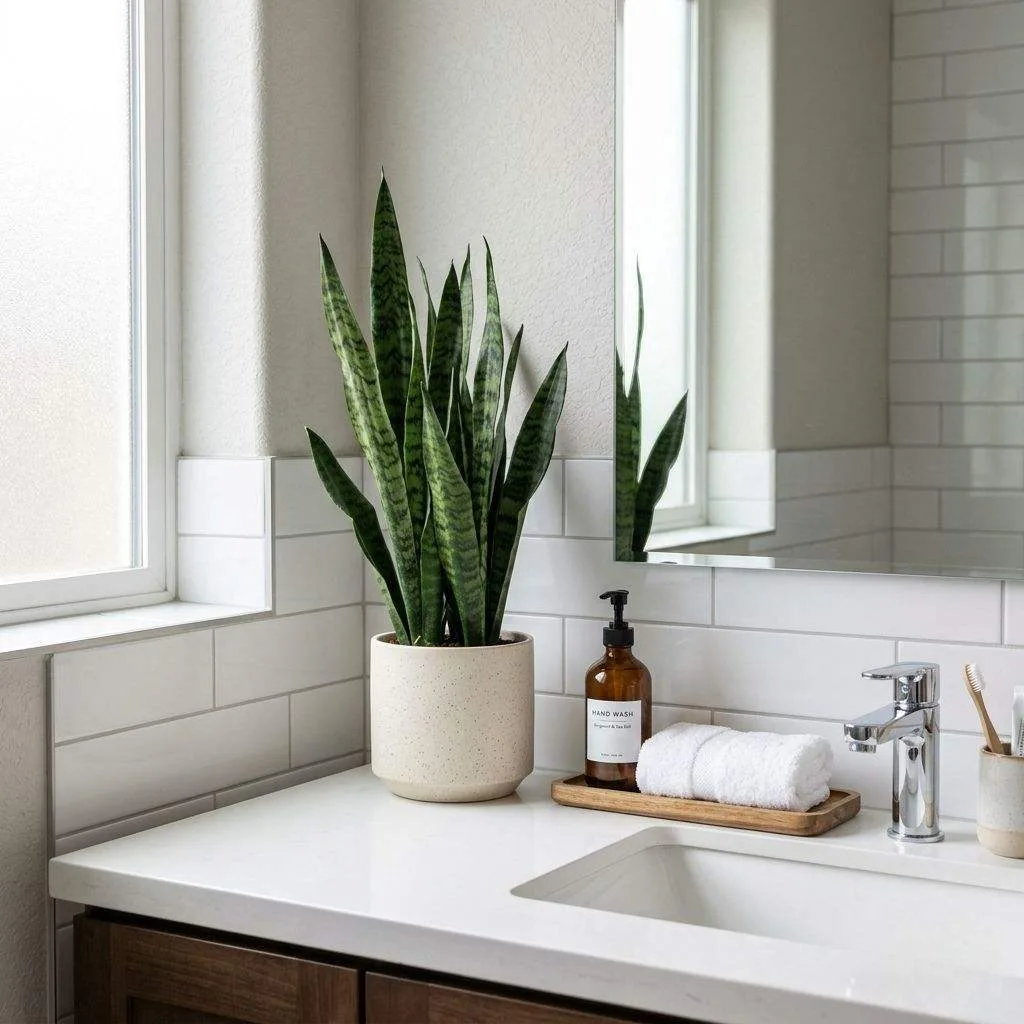 15 Bathroom Plant Decor Ideas That'll Transform Your Daily Routine 3 Place a Snake Plant on the Bathroom Counter