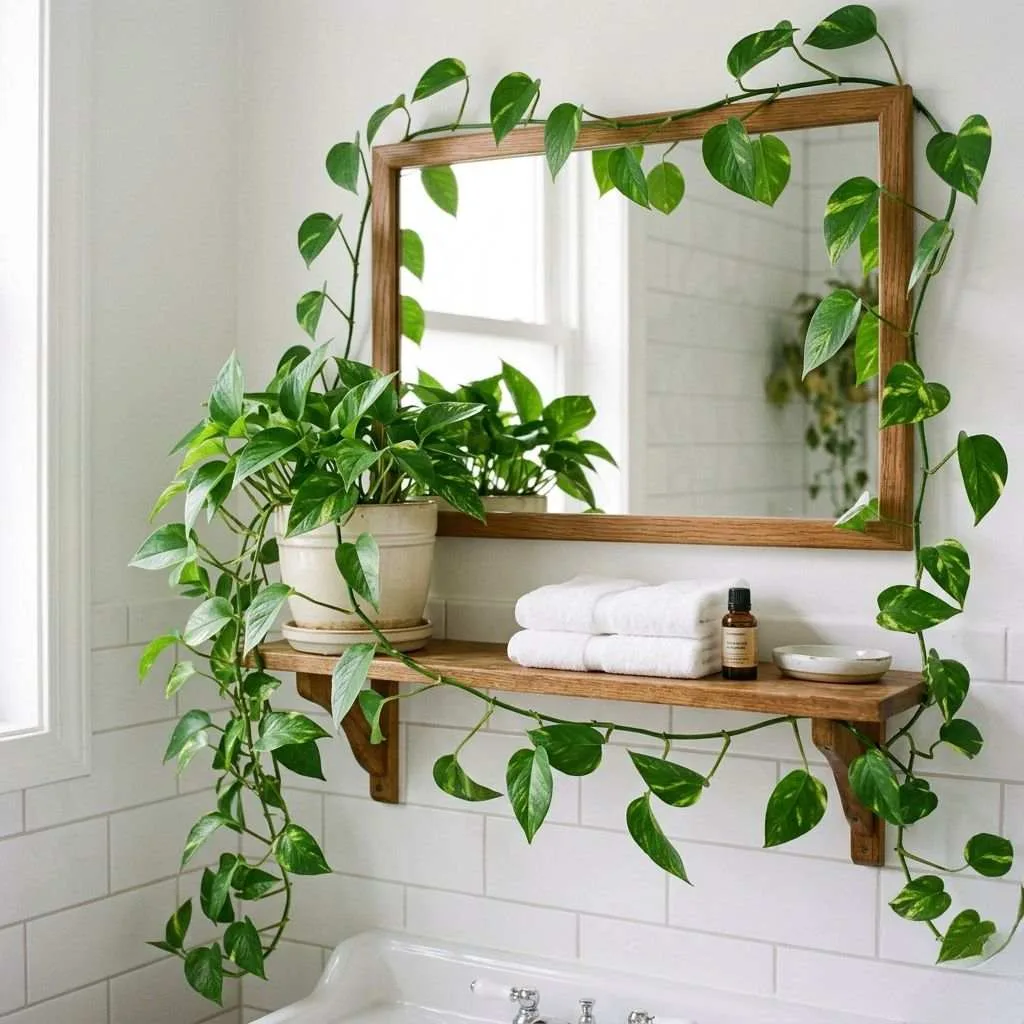 15 Bathroom Plant Decor Ideas That'll Transform Your Daily Routine 4 Grow a Pothos Vine Along a Shelf or Mirror