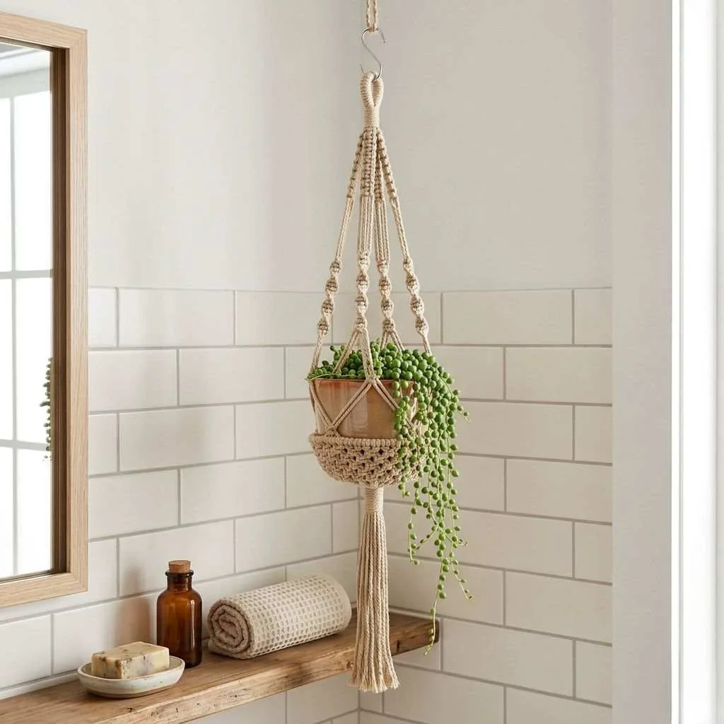 15 Bathroom Plant Decor Ideas That'll Transform Your Daily Routine 6 Use a Hanging Macramé Planter for a Boho Vibe