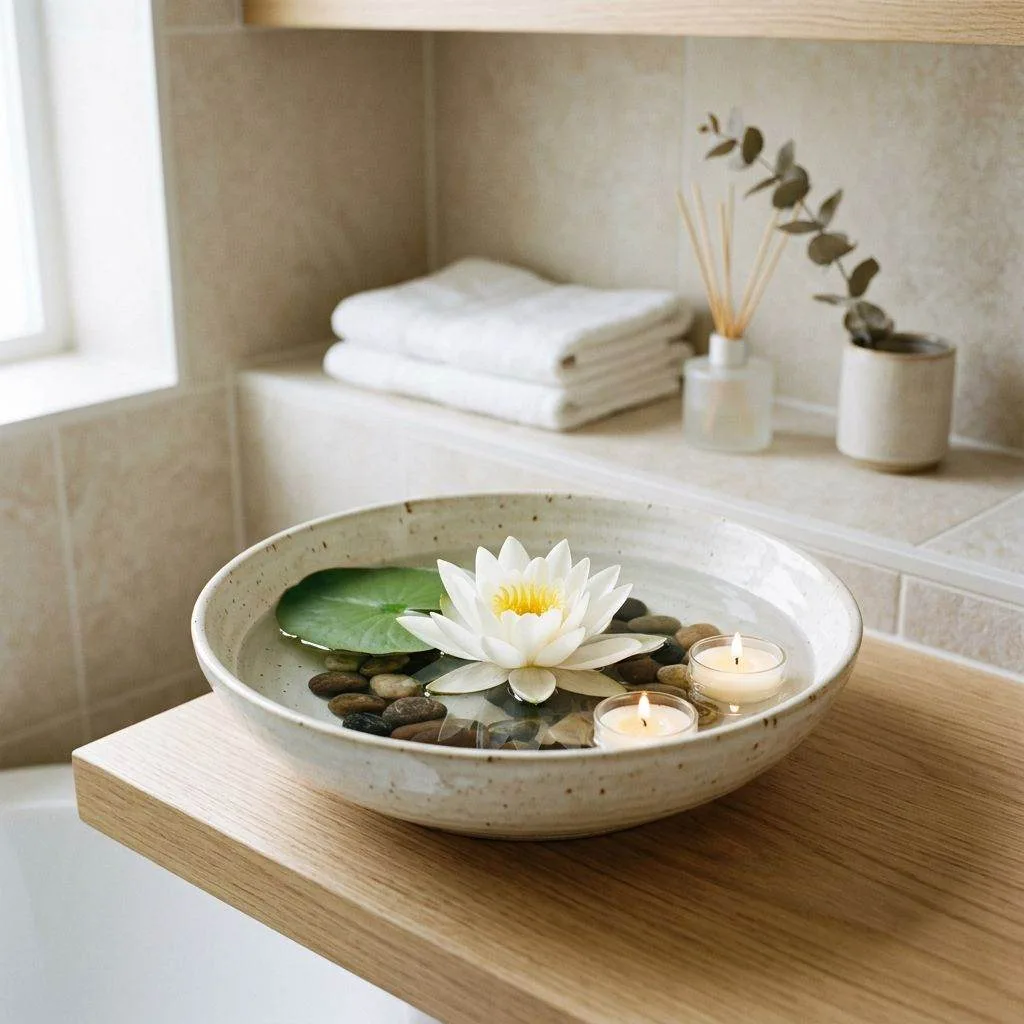 15 Bathroom Plant Decor Ideas That'll Transform Your Daily Routine 8 Float a Water Lily or Lotus in a Decorative Bowl