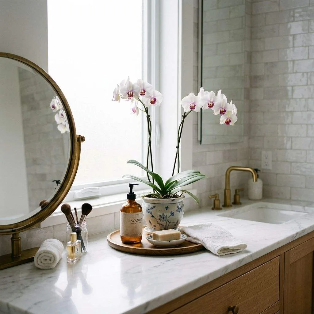 15 Bathroom Plant Decor Ideas That'll Transform Your Daily Routine 16 Place an Orchid on Your Vanity for Elegant Flair