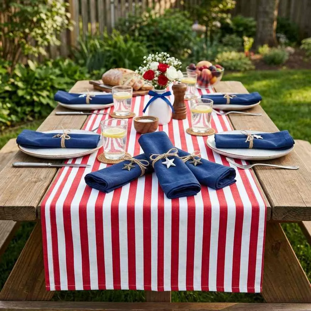 15 Beautiful 4th of July Home Decoration Ideas 7 Striped Tablecloth and Napkin Set