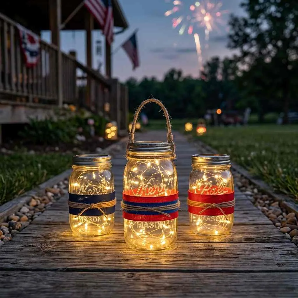 15 Beautiful 4th of July Home Decoration Ideas 3 Mason Jar Lanterns with Fairy Lights
