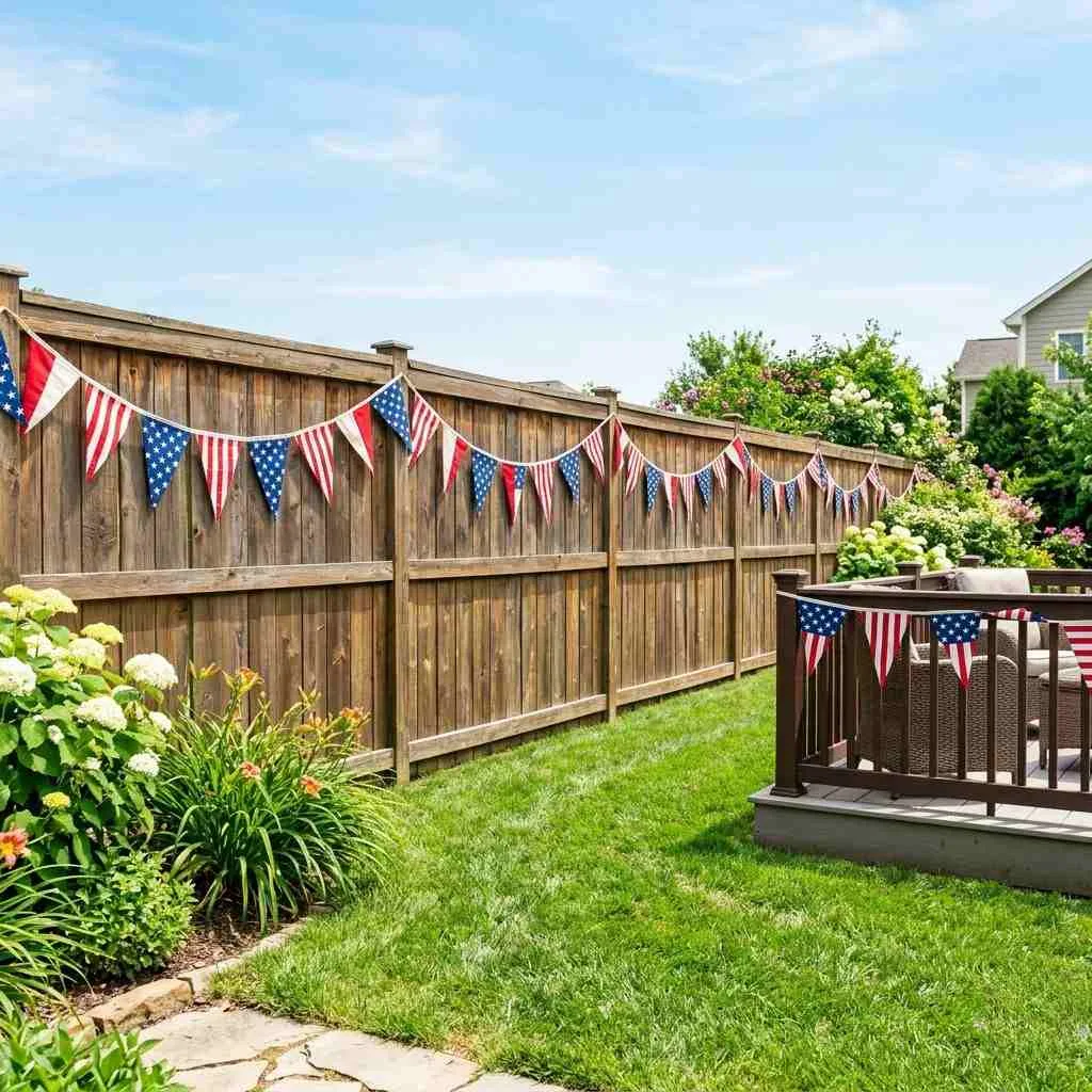 15 Beautiful 4th of July Home Decoration Ideas 14 Bunting Flags Along the Fence