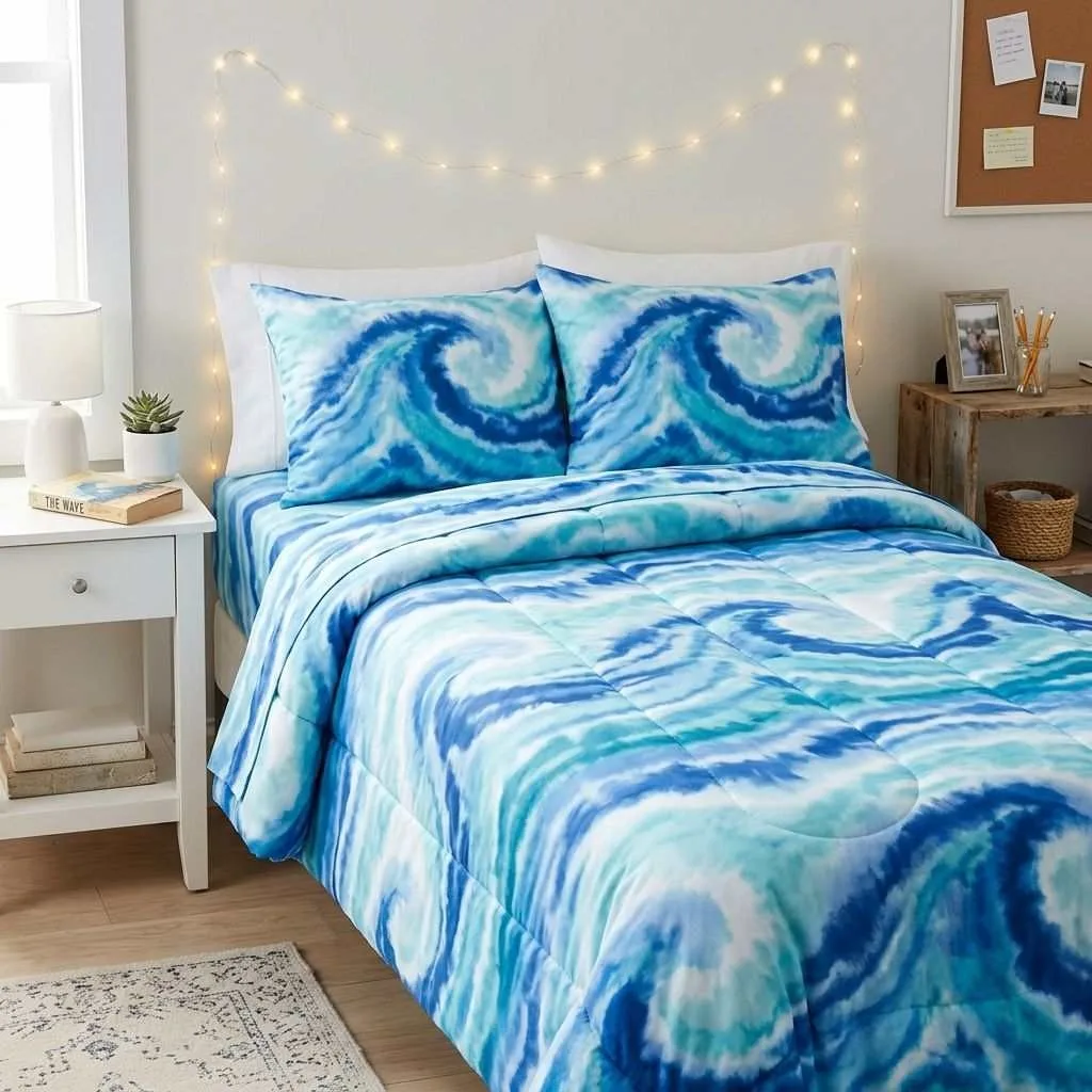 14 Blue Dorm Bedding Ideas 4 Tie-Dye Ocean Wave Bedding