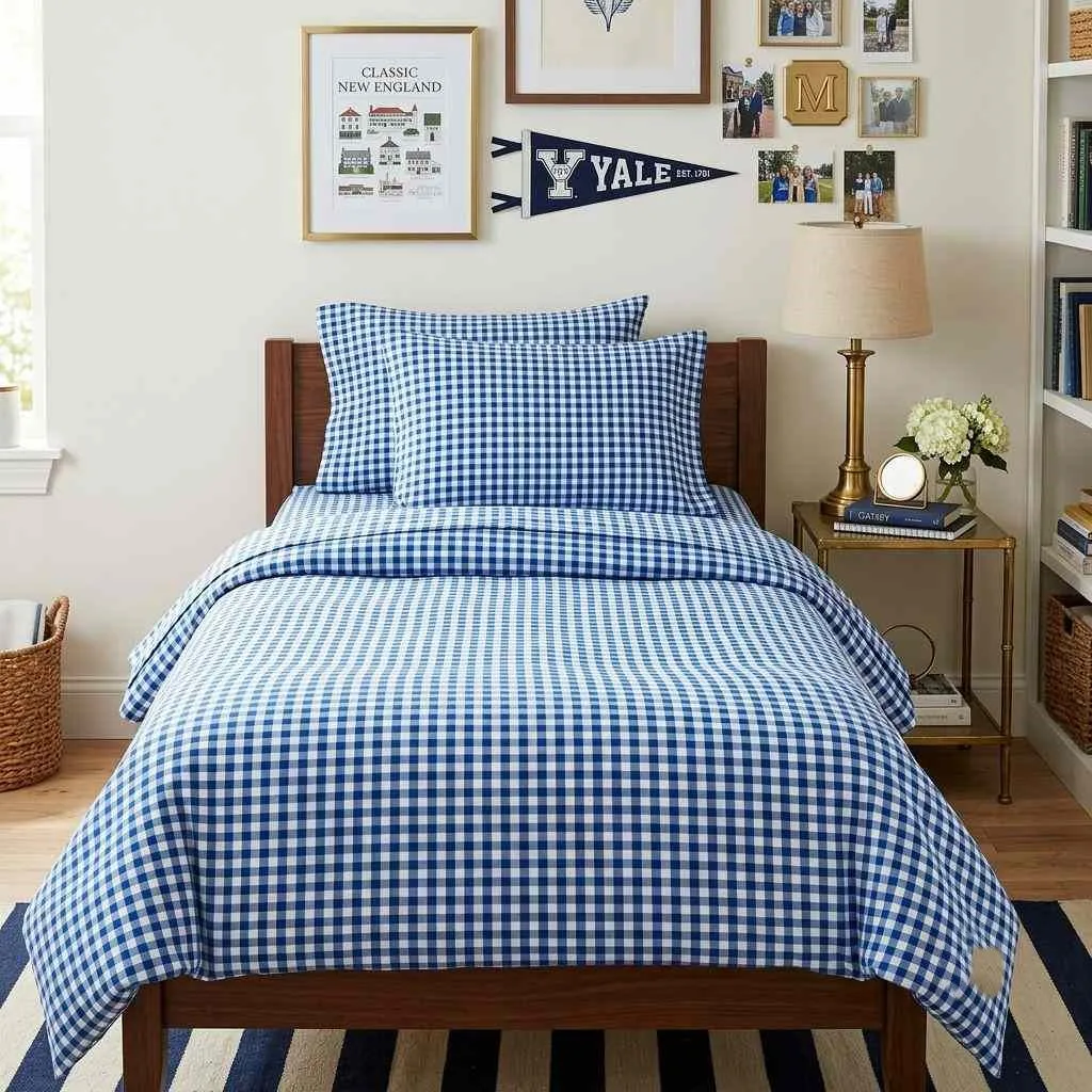 14 Blue Dorm Bedding Ideas 10 Preppy Blue Gingham Pattern