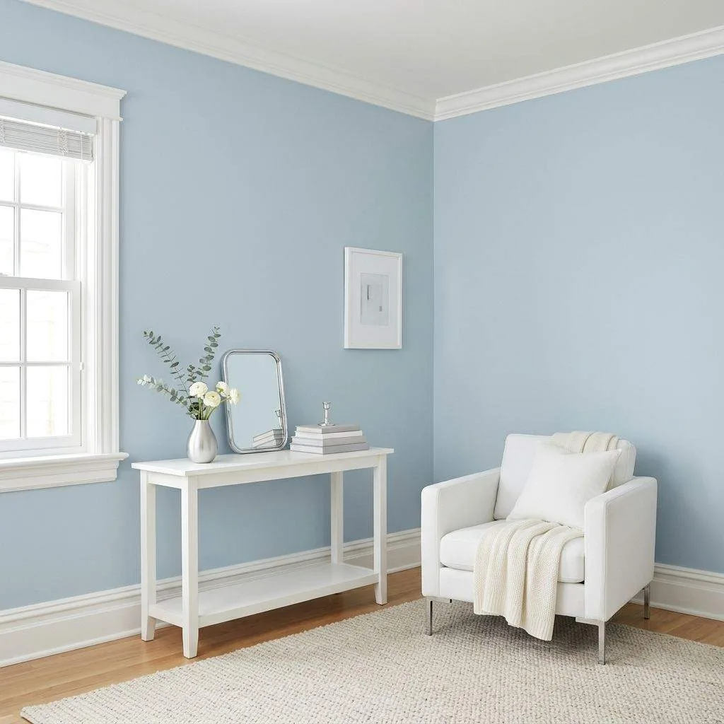  Powder Blue Walls With White Trim and Crown Molding