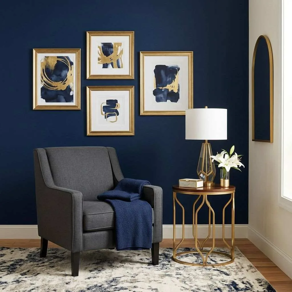 Navy Blue Accent Wall With Gold Accents