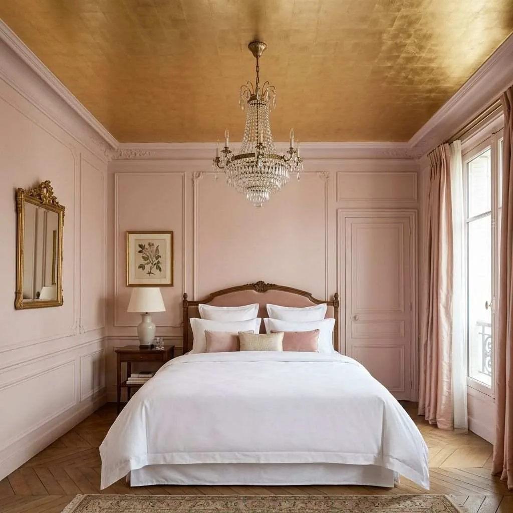 14 Blush Pink and Gold Bedroom Ideas 6 Blush Pink Walls with Gold Leaf Ceiling