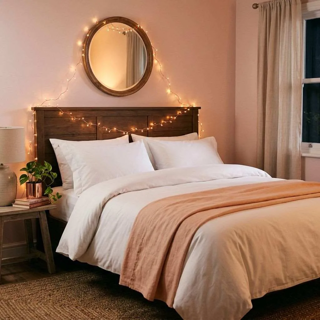 14 Blush Pink and Gold Bedroom Ideas 5 Rose Gold Fairy Lights Draped Around the Room
