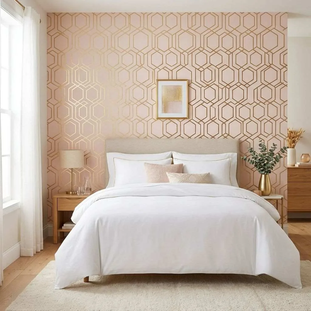 14 Blush Pink and Gold Bedroom Ideas 4 Gold Geometric Accent Wall Behind the Bed