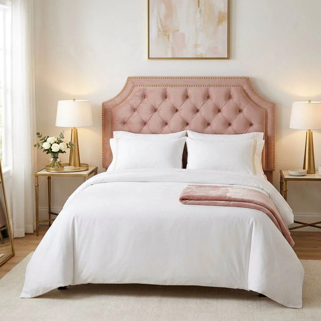 14 Blush Pink and Gold Bedroom Ideas 3 Blush Pink Velvet Headboard with Gold Nailhead Trim