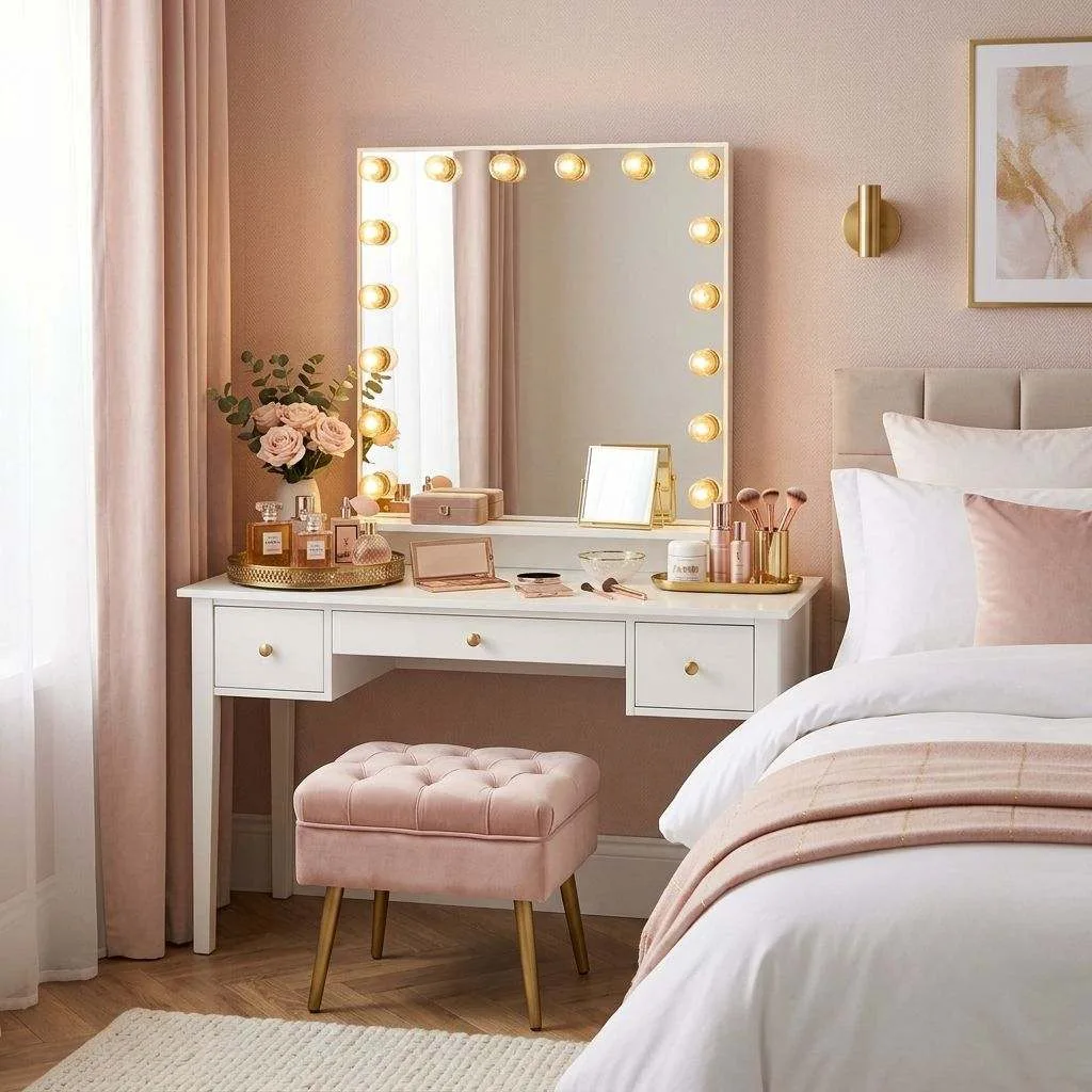 14 Blush Pink and Gold Bedroom Ideas 14 Gold Vanity Area with Hollywood-Style Bulb Mirror