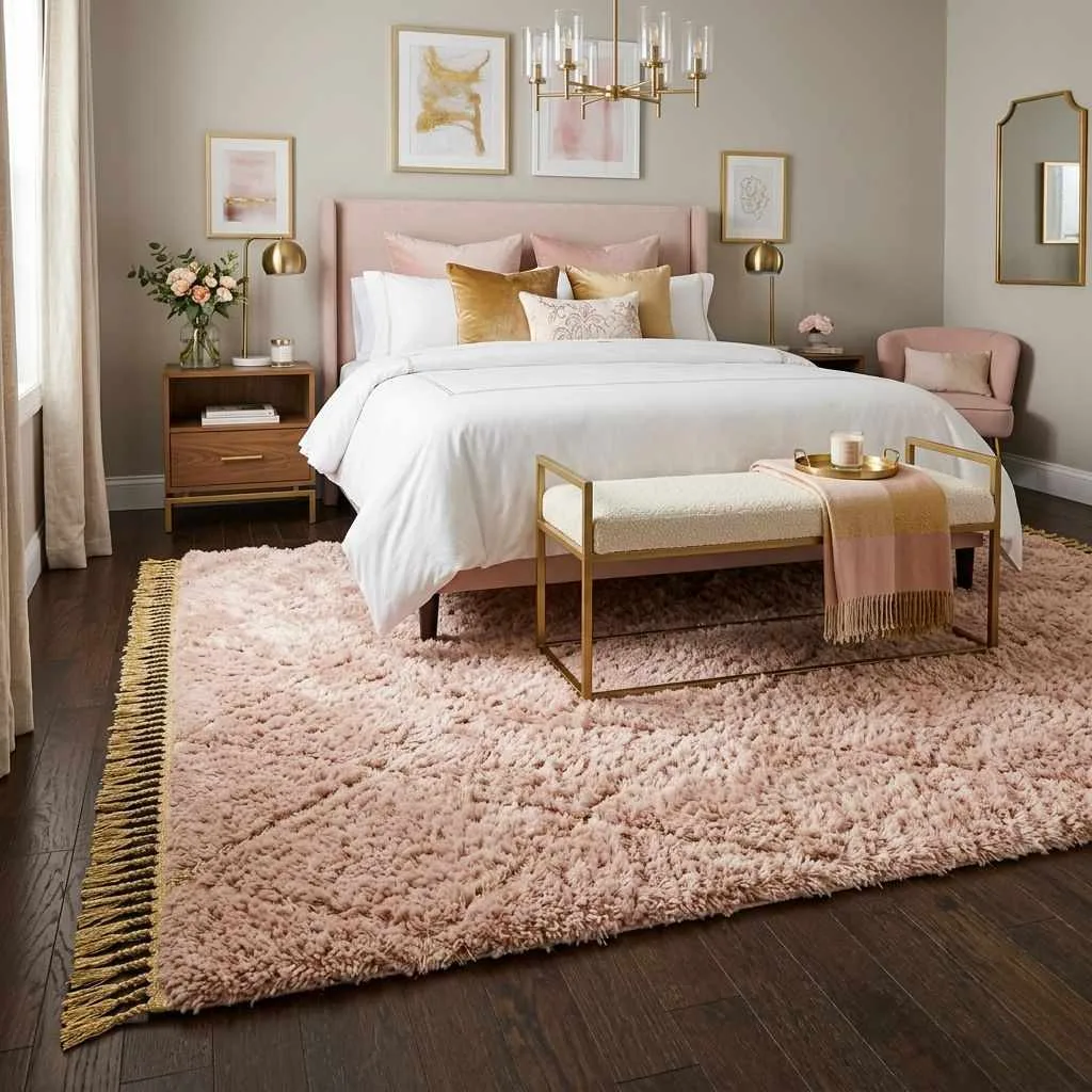 14 Blush Pink and Gold Bedroom Ideas 13 Blush Pink Rug with Gold Fringe or Metallic Thread