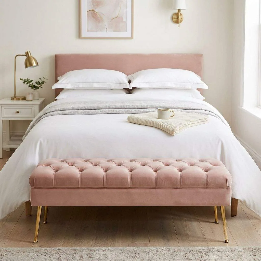 14 Blush Pink and Gold Bedroom Ideas 12 Blush Upholstered Bench with Gold Legs at the Foot of the Bed