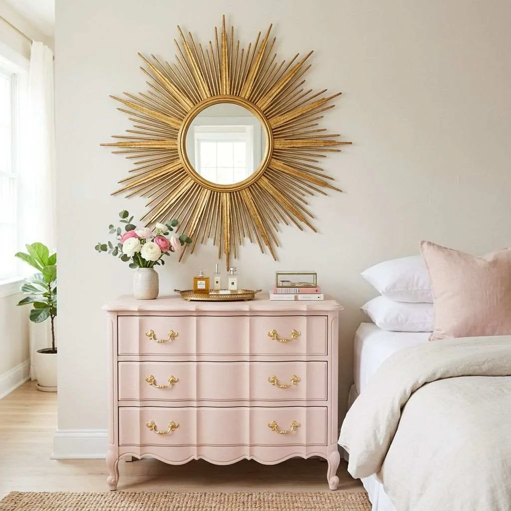 14 Blush Pink and Gold Bedroom Ideas 9 Gold Sunburst Mirror Above a Blush Pink Dresser