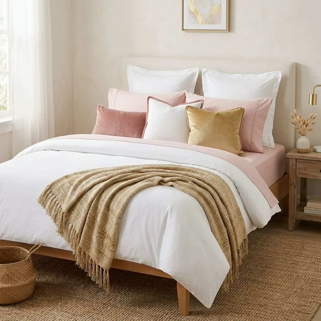 14 Blush Pink and Gold Bedroom Ideas 8 Blush and Gold Layered Bedding Styling