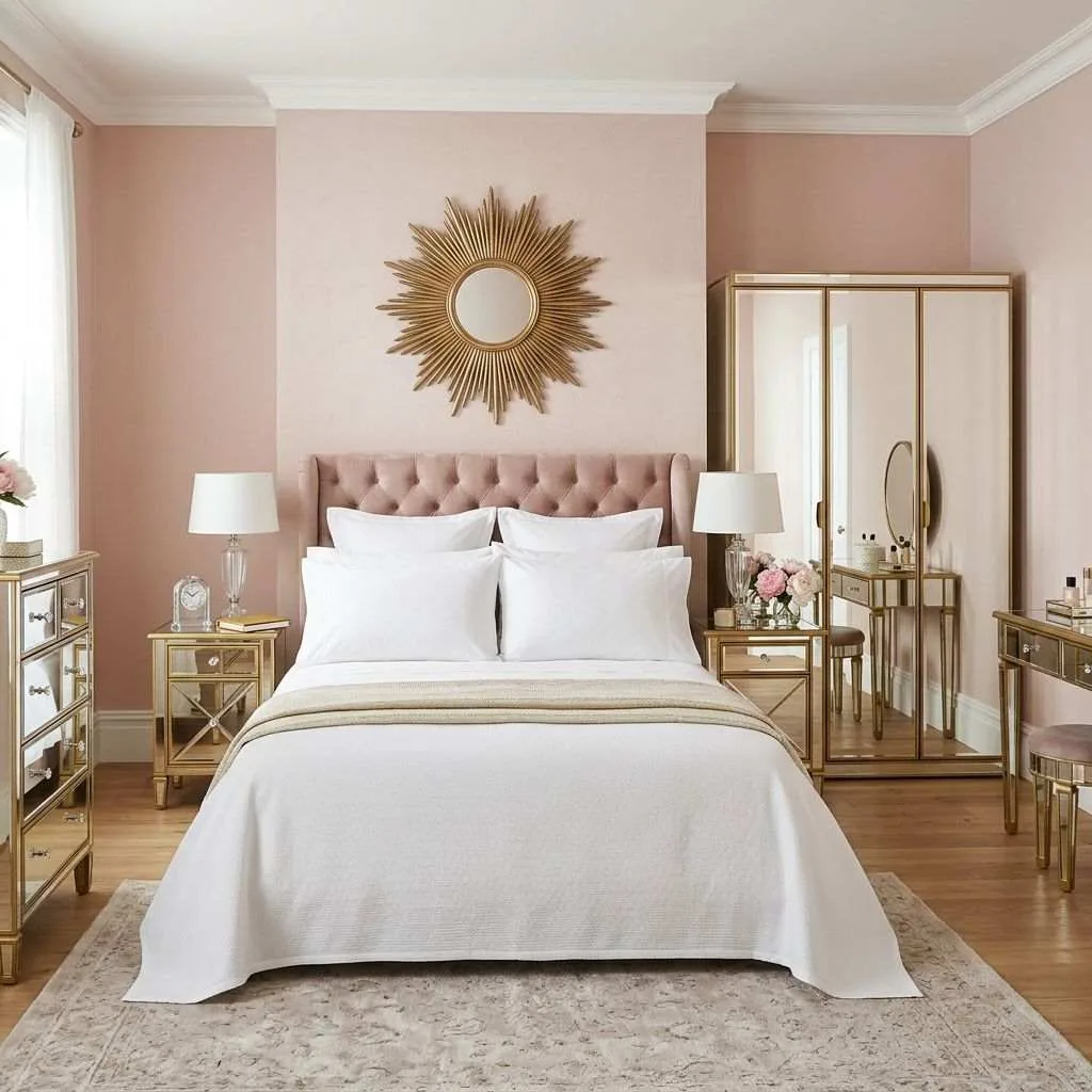 14 Blush Pink and Gold Bedroom Ideas 7 Mirrored Gold Furniture Set Against Pink Walls
