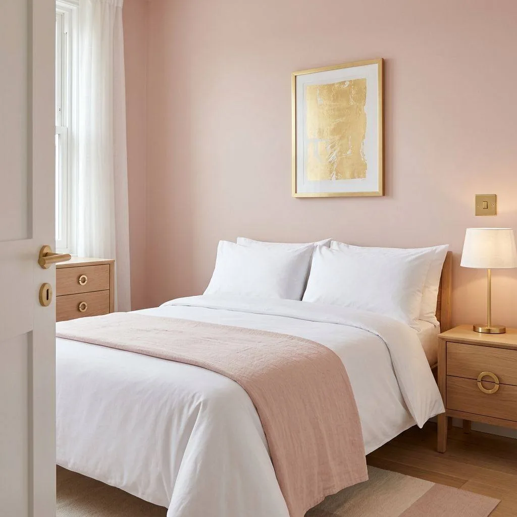 14 Blush Pink and Gold Bedroom Ideas 15 Soft Blush Pink Paint with Brushed Gold Hardware Throughout
