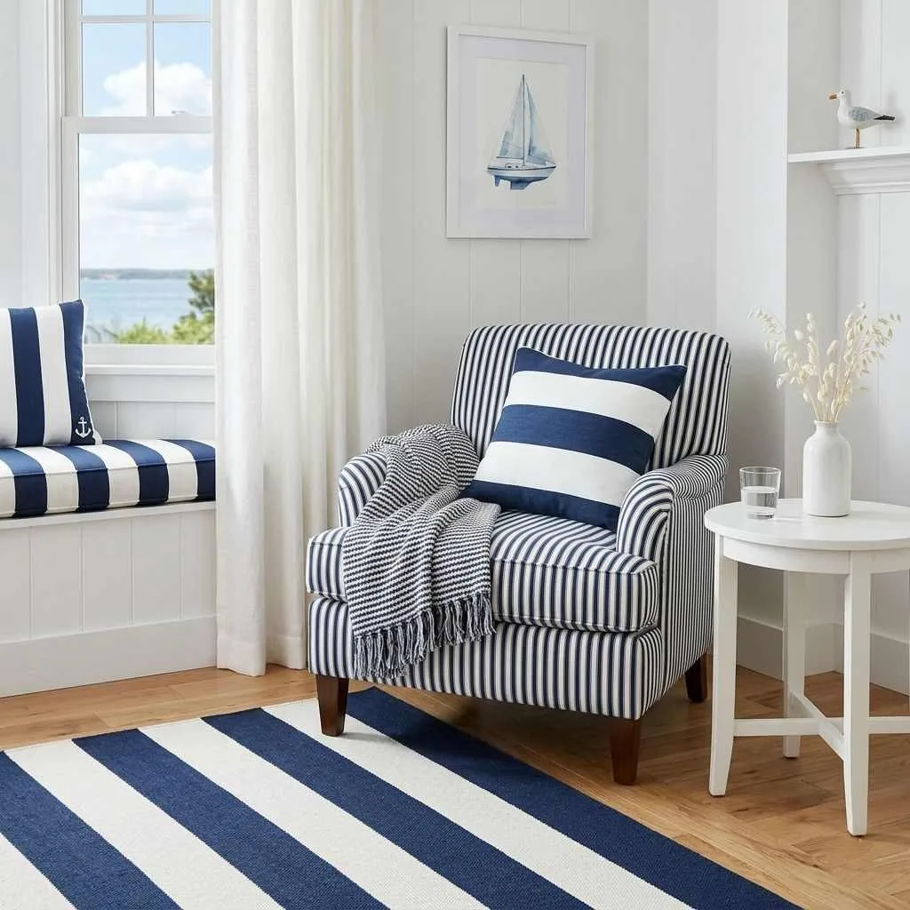 15 Coastal Summer Home Aesthetic Decor Ideas 3 Striped Nautical Textiles