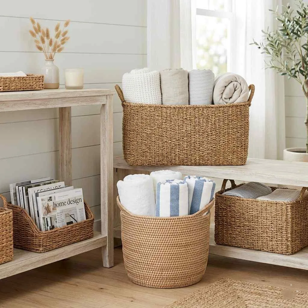 15 Coastal Summer Home Aesthetic Decor Ideas 11 Woven Basket Storage