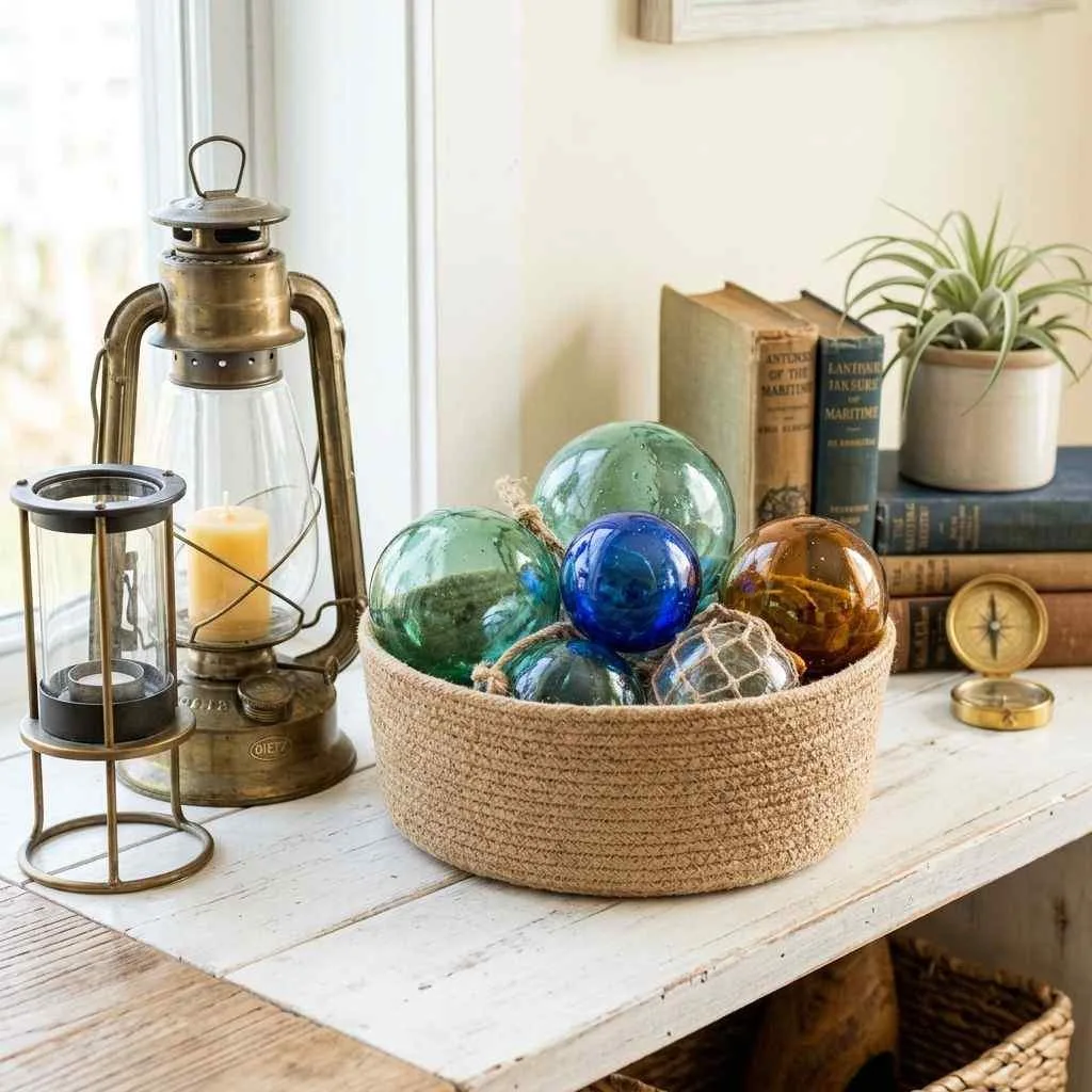 15 Coastal Summer Home Aesthetic Decor Ideas 10 Glass Float and Lantern Accents