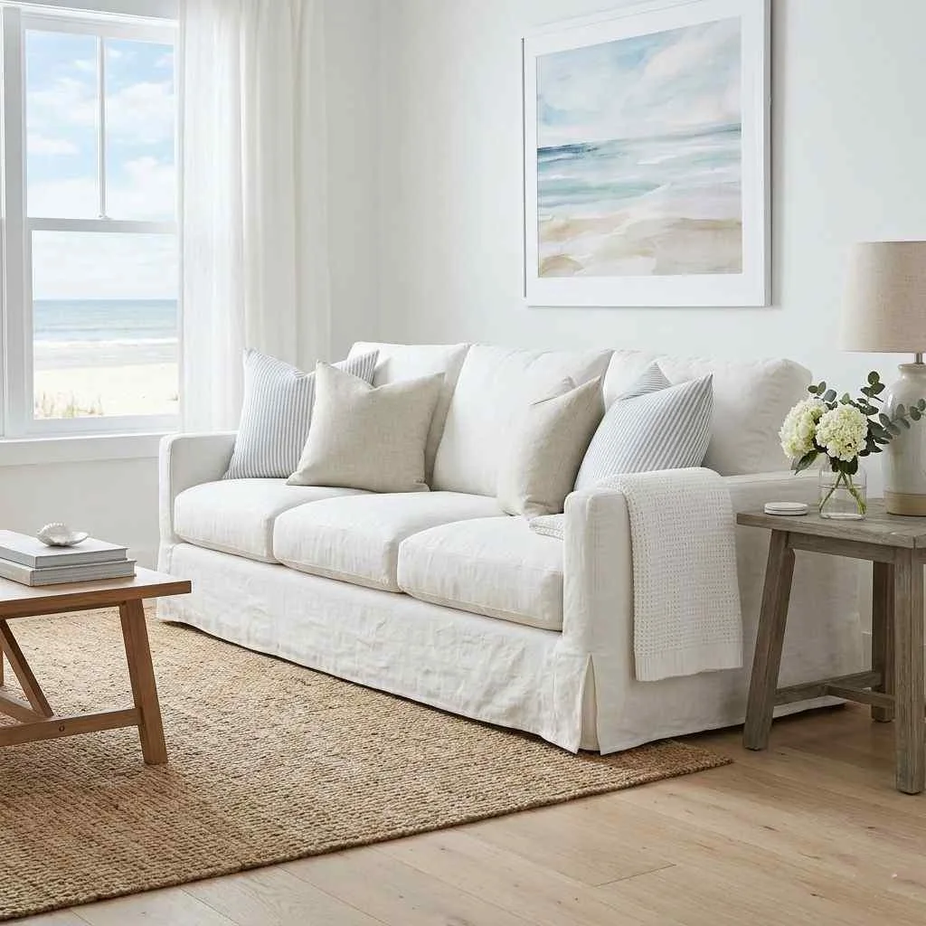 15 Coastal Summer Home Aesthetic Decor Ideas 9 Linen Slipcovered Sofas