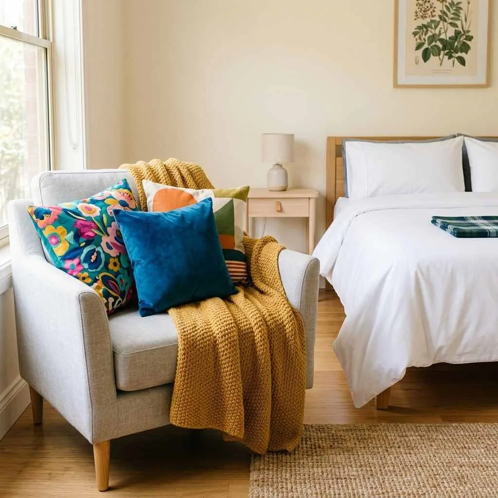 Decorate with Colorful Throw Pillows and Blankets