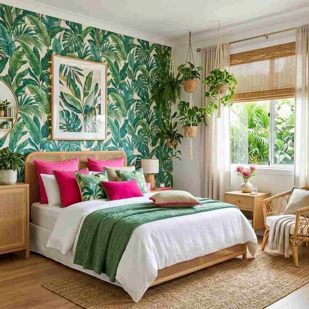 14 Colorful Summer Home Interior Designs to Brighten Your Space 4 Tropical Botanical Bedroom