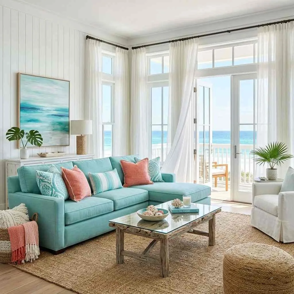 14 Colorful Summer Home Interior Designs to Brighten Your Space 3 Coastal Turquoise Living Room