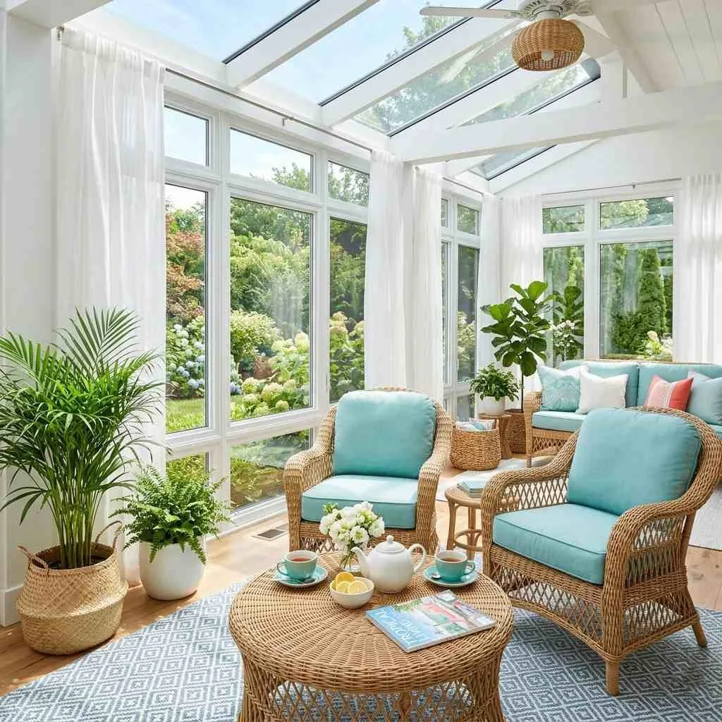 14 Colorful Summer Home Interior Designs to Brighten Your Space 13 Aqua and Wicker Sunroom