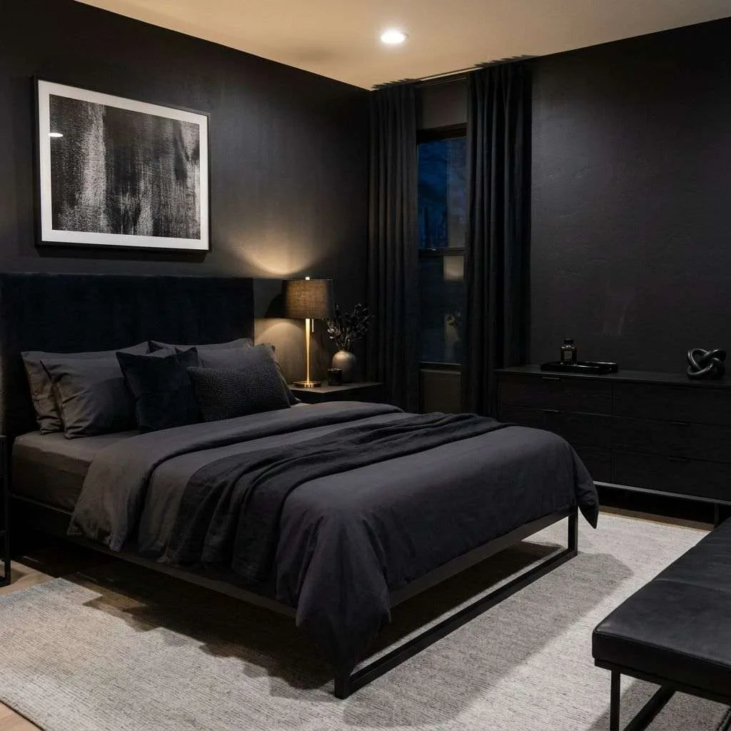 The Monochromatic Black Bedroom