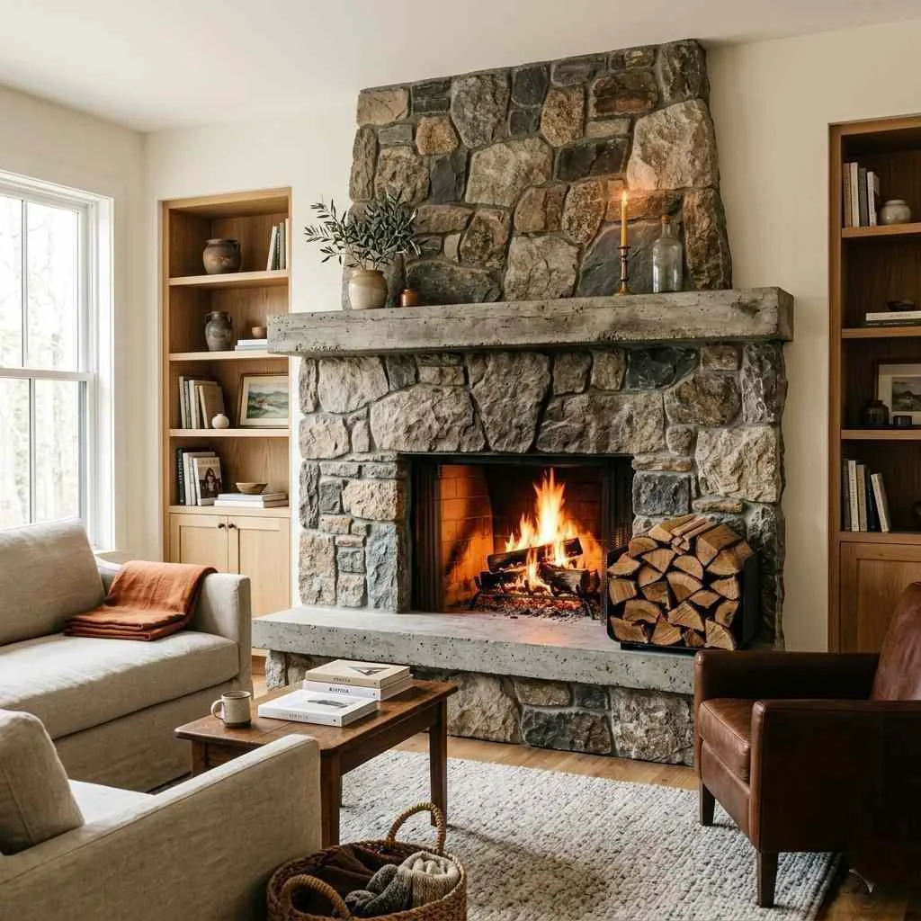 A Stone or Concrete Fireplace as the Focal Point