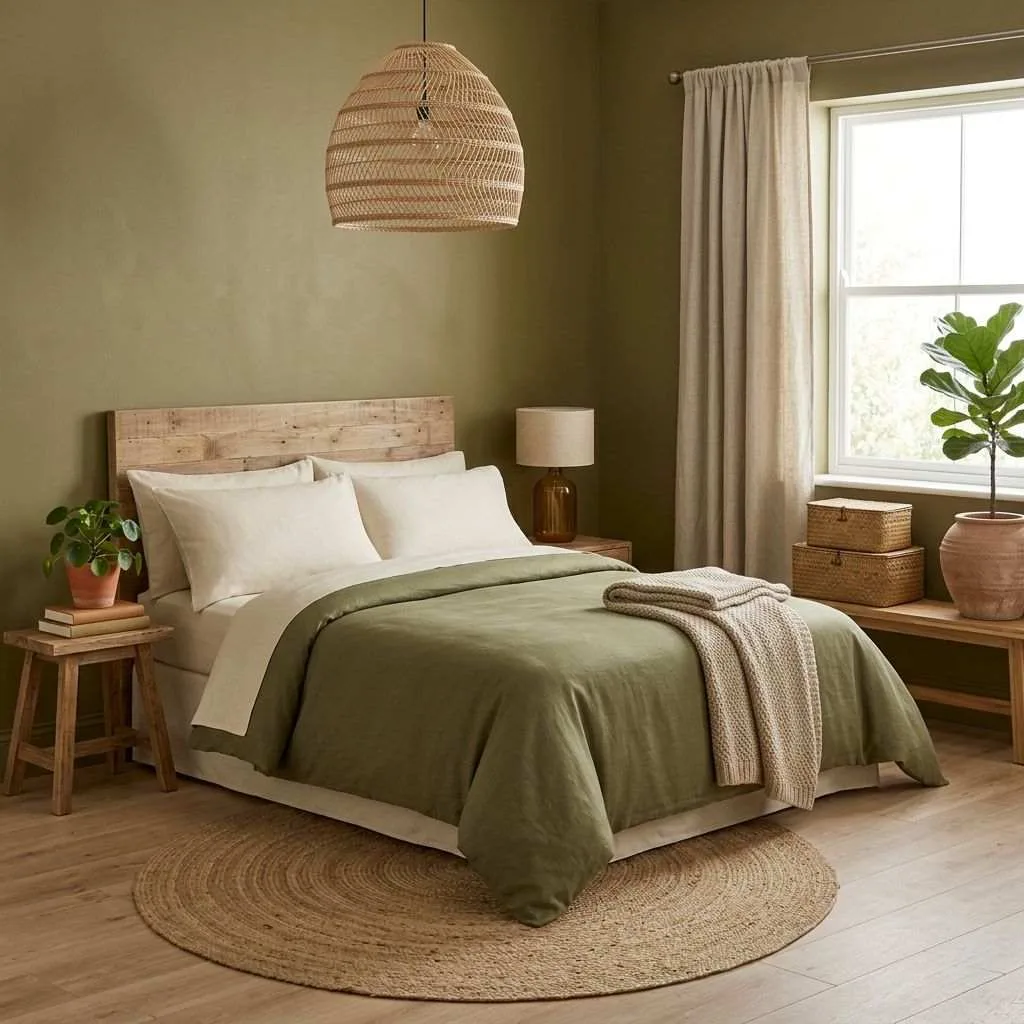 Earthy Olive Green Walls with Natural Textures