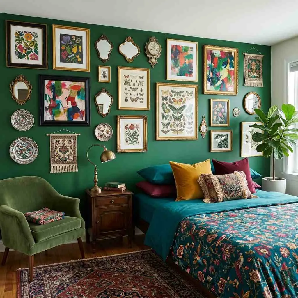 Green Bedroom with Maximalist Gallery Wall